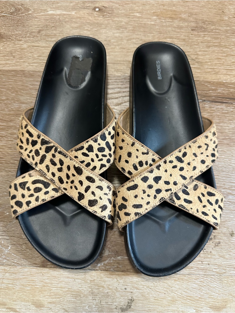 Birdies Leopard-Print Crisscross Slide Sandals in Tan/Black